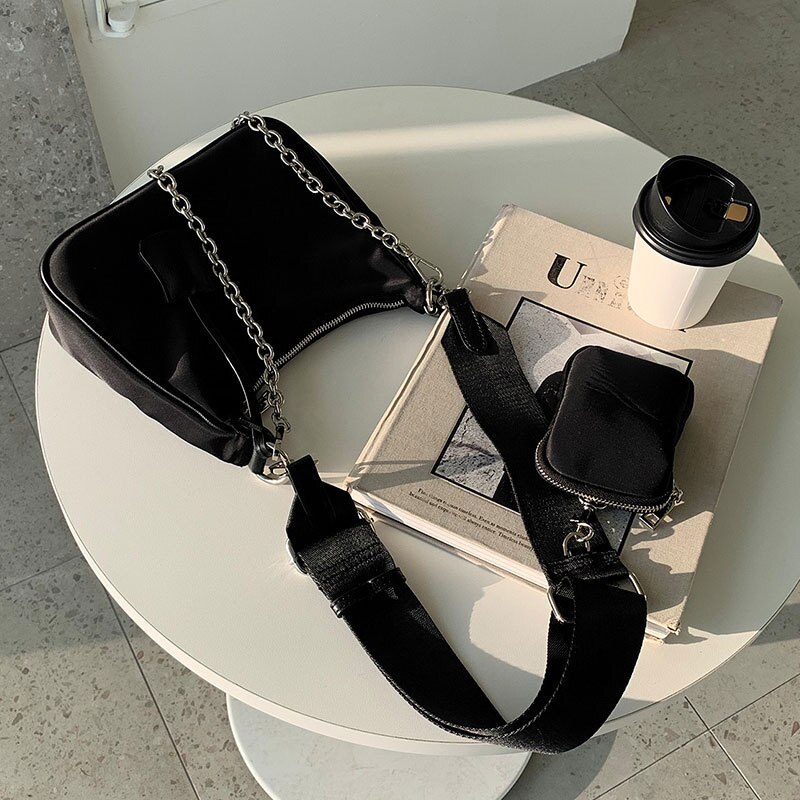Brede band nylon crossbody messenger bag ketting hobo tassen dames schoudertas effen kleur oksel tassen
