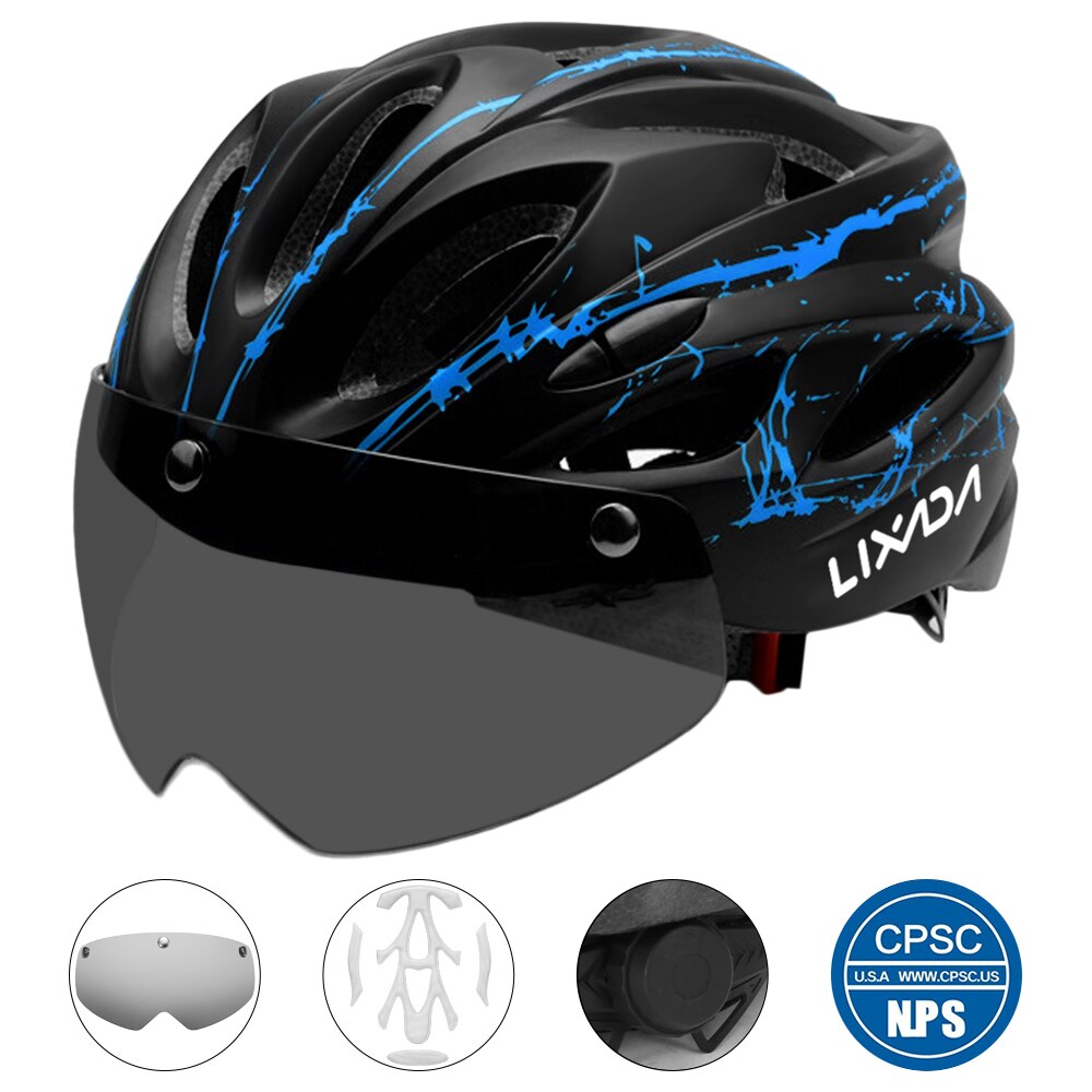 Lixada Bike Cycling Helmet with Detachable Magnetic Goggles LED Light Mountain Road Bicycle Helmets Safety Protective Helmet: Blue NO Light