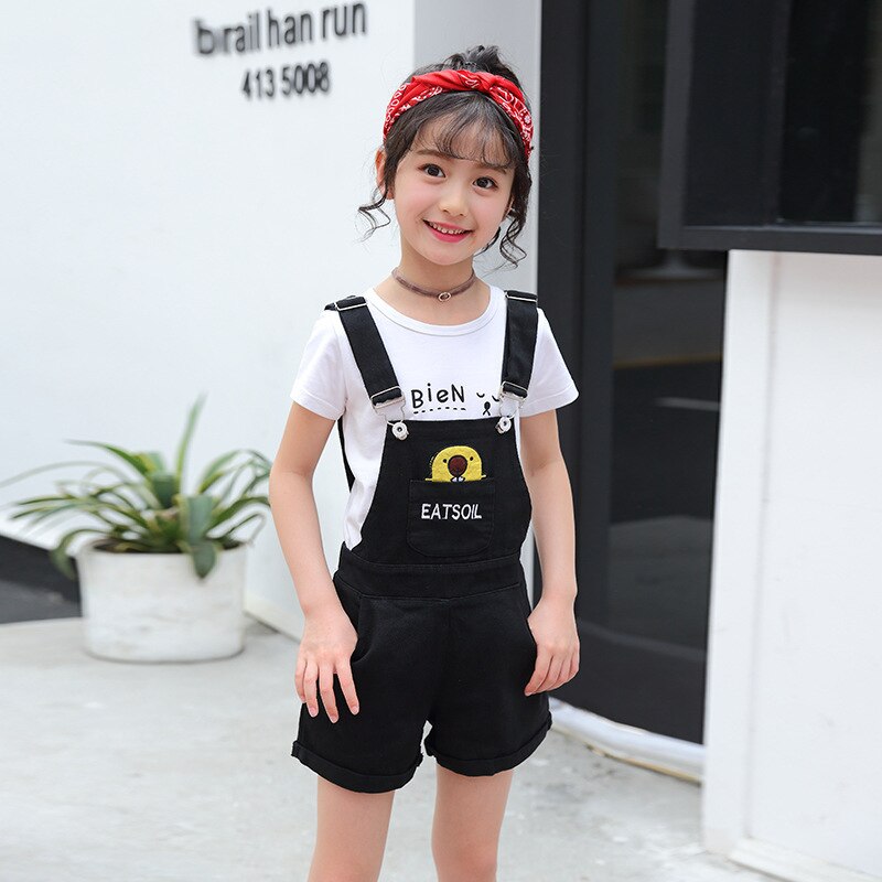 Kids Pink Denim Overalls for Teenagers Girl 8 Years Spring Dungarees Girls Pocket Children Summer Cowboy Breastplate Jumpsuit: black / 8