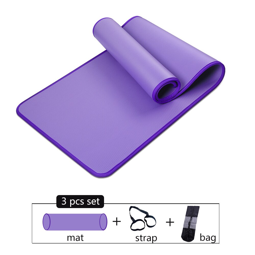 10mm extra tjocka 183 x 61cm halkfria yogamattor för fitness smaklösa pilates gym träningsdynor med bandage/väska: Lila -3 st set