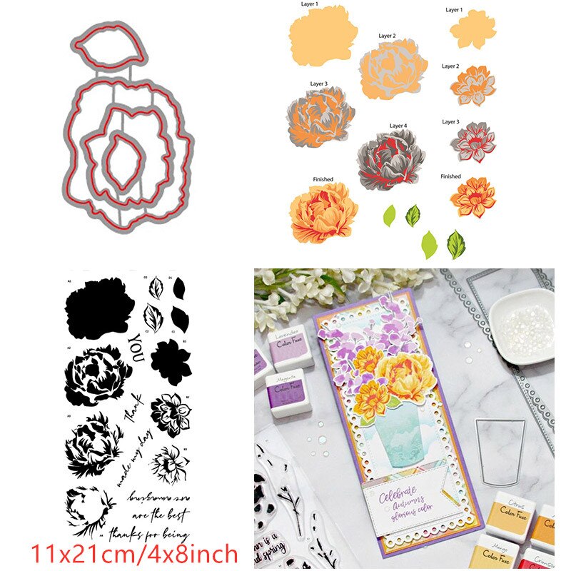 Layered Florals Winter Bouquet Fragrant Blooms Fresh Flowers Clear Stamps Dies Set for DIY Scrapbooking Cards Crafts: 4 / Only Stamps