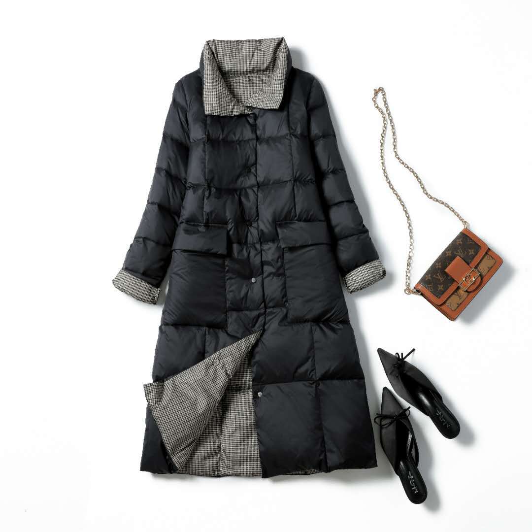 Luzuzi-Chaqueta de plumón largo de doble cara para mujer, Parkas cálidas de invierno con cuello alto a cuadros, plumón de pato blanco, ropa de abrigo para nieve,: Black / XXL