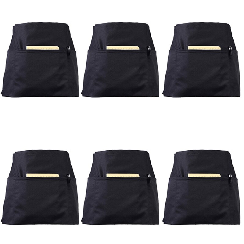 Paquete de 6 delantales de cintura negros con 3 bolsillos-medio Delantales para camarera camarero 24x12 pulgadas delantales de servidor para sostener el libro del servidor Gu: Default Title