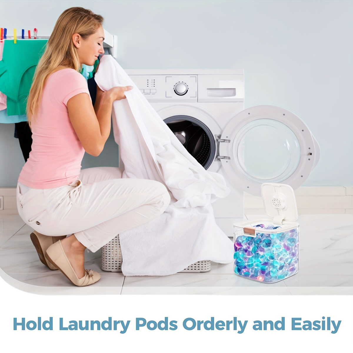 Laundry Pods Container, Laundry Detergent Organizer,Laundry Case with Pop-Up Lid , Laundry Room Storage Container