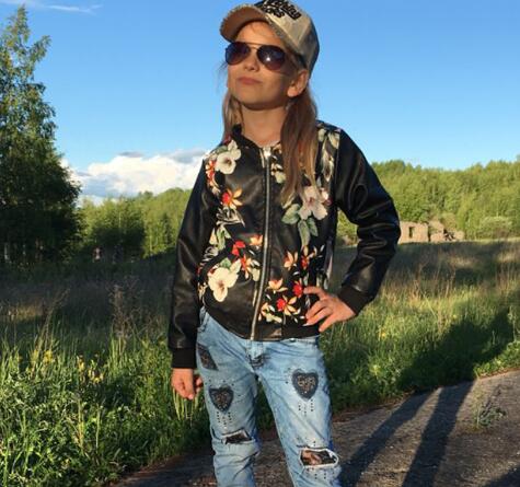Filles cuir manteau enfants veste en cuir synthétique polyuréthane 3-9 ans fille col rond imprimé fleurs camouflage artificiel enfants outwear: flower / 4T