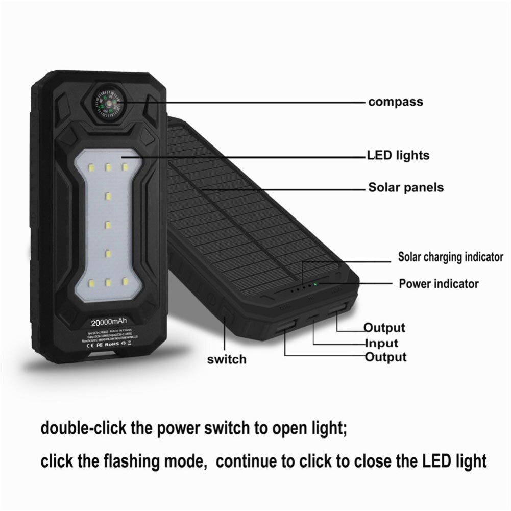 FR ES US 200000MAH Outdoor Lighting Waterproof Portable Mobile Solar Lamp Charger Dual USB Battery Power Bank Case Kit