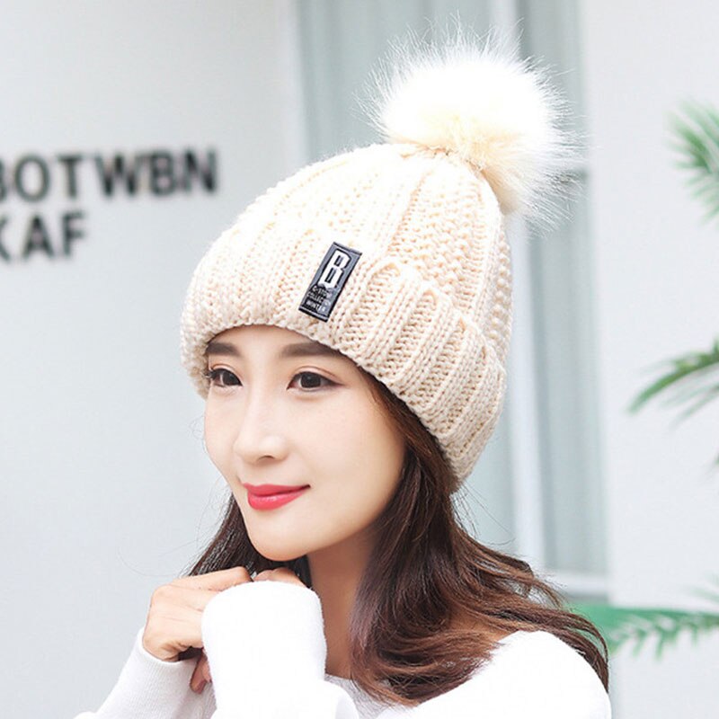 Frauen Dicke Kabel Stricken Hut Schal Weibliche Mützen Plüsch Hut Und Ring Schal Winter Warme Frau Dame Pom Pom kappe Schals Rosa: Beige Hat