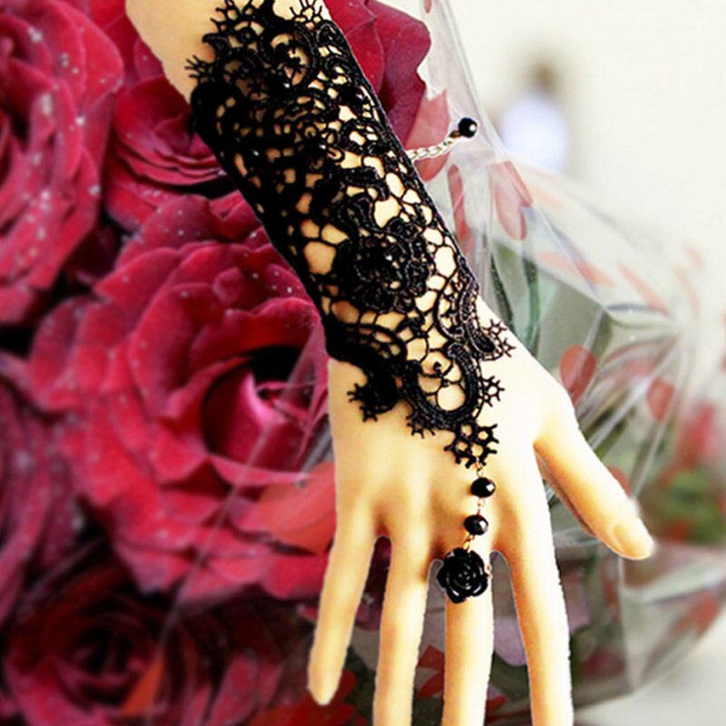 Pulsera de cinta de encaje rosa con flor negra para boda, conjunto de anillo ajustable, guante hecho a mano para novia, pulsera, accesorios de joyería