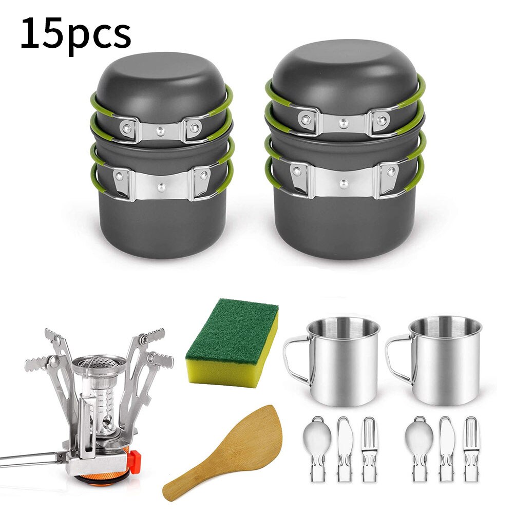 Camping Kookgerei Koken Set Mess Kit Draagbare Outdoor Pot Voor Backpacken Outdoor Trekking Wandelen Picknick Groen 15Pcs Kookgerei