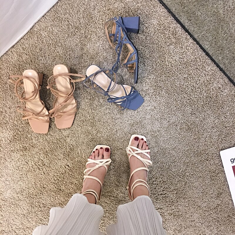 Damesschoenen sandalen zomer stijl lint strik vierkante kop dikke hak kruis veter teen hoge hakken