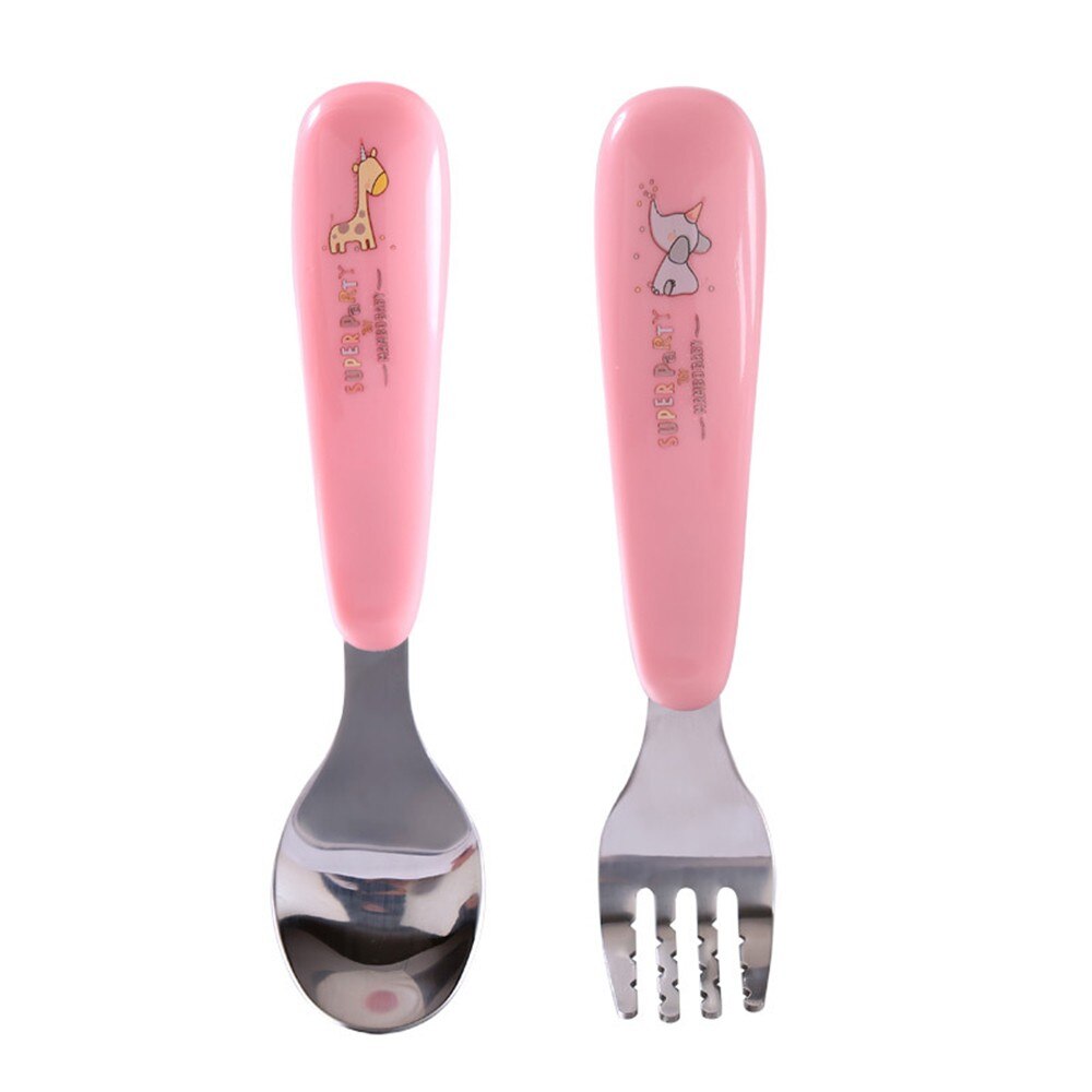 Tecknad baby sked för att mata barn sked mata servis barn gaffel pipetter barn bestick baby middag: Gaffel sked rosa