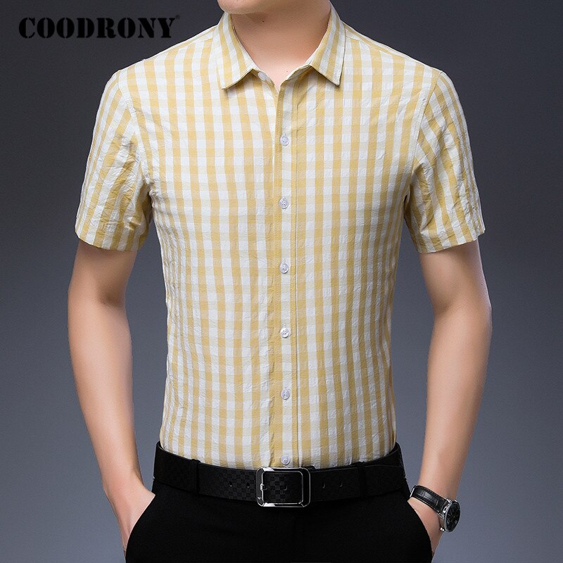 Coodrony ruudullinen puuvillapaita miehet business casual paidat miesten vaatteet kevät kesä lyhythihainen camisa masculina plus koko  c6034s: Keltainen / M