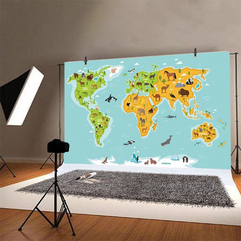 Wereldkaart Achtergrond Jungle Animal Safari Baby Shower Kinderen Blij Verjaardagsfeestje Fotografie Achtergrond Photo Studio Decor Banner