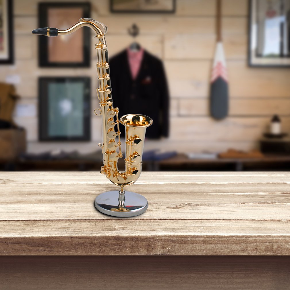 Miniature musikinstrumenter mini saxofon med metal stativ samling dekorative ornamenter alt tenorsax