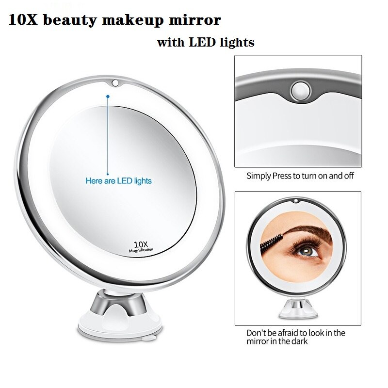 Suction Cup Type 10X Magnification Make-up Mirror with Suction Cup Bathroom LED Fill Light Make Up Mirror Dressing Beauty Mirror