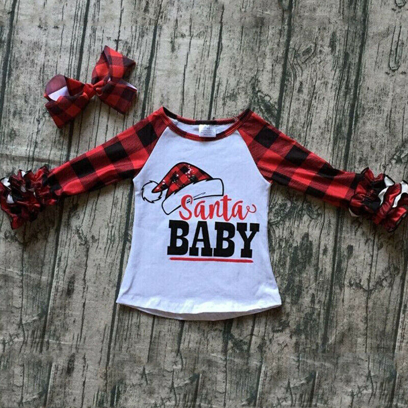 Newborn Kids Baby Girls Christmas Checks Santa Baby Ruffle T-shirt Clothes Autumn Casual Cute Soft Toddler Child Plaid Tops Tee