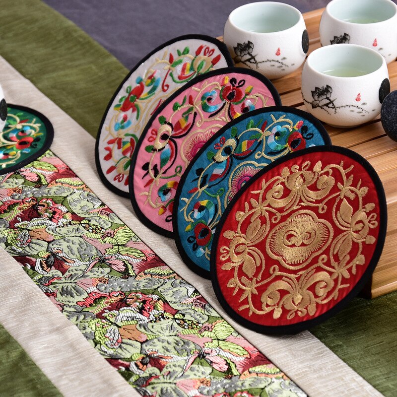 Vintage Etnische Bloemen Theekopje Mat Ronde Moderne Chinese Stof Geborduurde Onderzetters Thuis Duurzaam Isolatie Pads Cup Mat