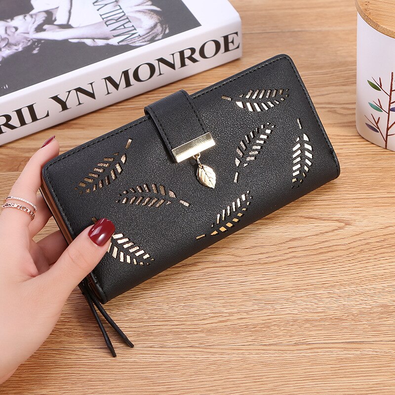 Vrouwen portemonnee pu leren portemonnee dames lange portemonnee gouden holle bladeren buidel handtas voor vrouwen portemonnee kaarthouders clutch: Zwart