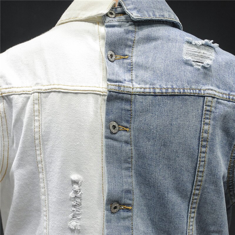 Chaquetas vaqueras ajustadas de retales para hombre, ropa de calle informal de algodón, color sólido, azul y blanco, Hip Hop, de talla grande 5XL,