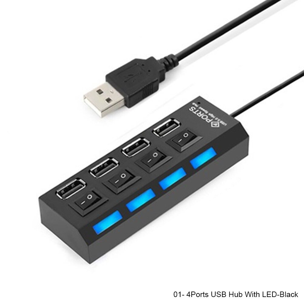 7 Poorten Usb Hub Led Usb 2.0 Adapter Hub High Speed Multi-Poort Socket Ingeschakeld/Uit Schakelaar opladen Poort Splitter Voor Pc Laptop: 4Ports LED Black