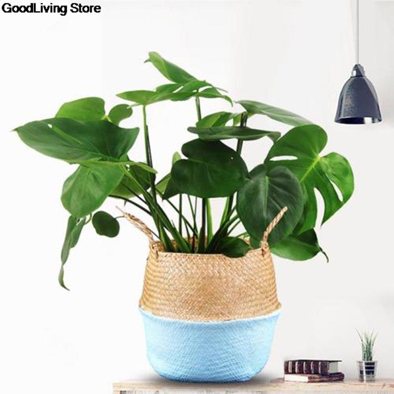 1PC słomka rattanowa kosz wiklinowy trawa morska składany pralnia kwiat kwiatek doniczkowy wazon dom ogród wiszący kosz dekoracje ślubne: Niebieski