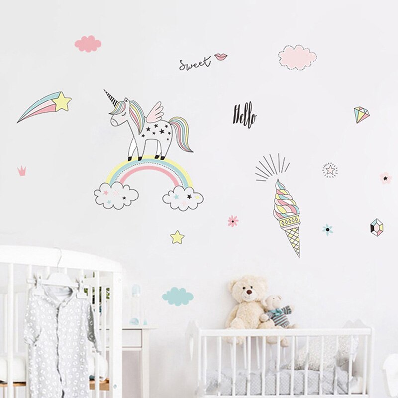 Cartoon Regenboog Eenhoorn Muursticker Voor Nursery Kinderkamer Achtergrond Decoratie Muurstickers Muurschilderingen Decals Behang
