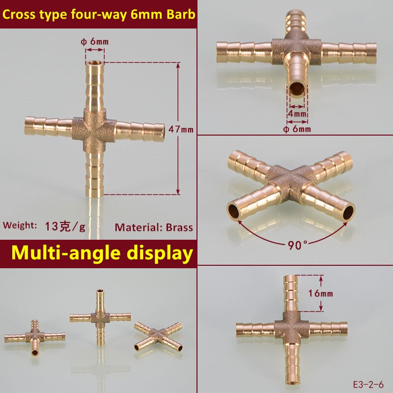 Cross Shaped Brass Pipe Fitting 4 Way 4mm 6mm 8mm 10mm 12mm Hose Barb Connector Joint Copper Barbed Coupler Adapter Coupling: 6mm