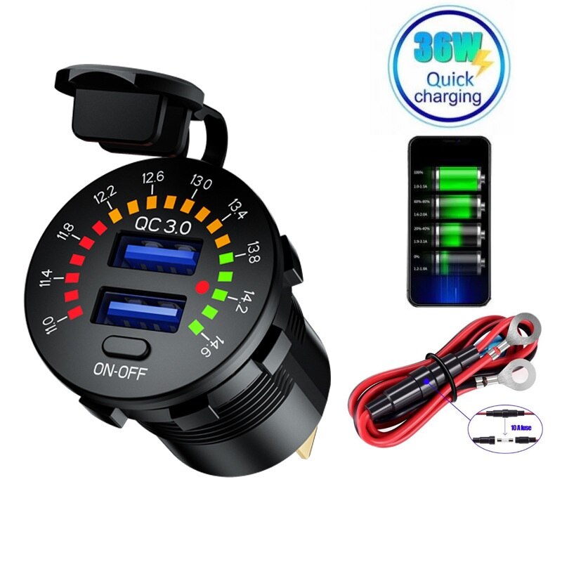 12V 24V QC 3,0 Dual USB Auto Ladegerät Wasserdicht 18W USB Auslauf Schnelle Ladung mit LED Voltmeter AUF aus Schalter für Lkw Motorrad