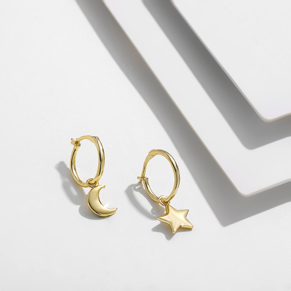 925 Sterling Silver Moon Star Hoop Earrings for Women Gold Color Small Ear Buckle Piercing Huggie Fine Silver Jewelry