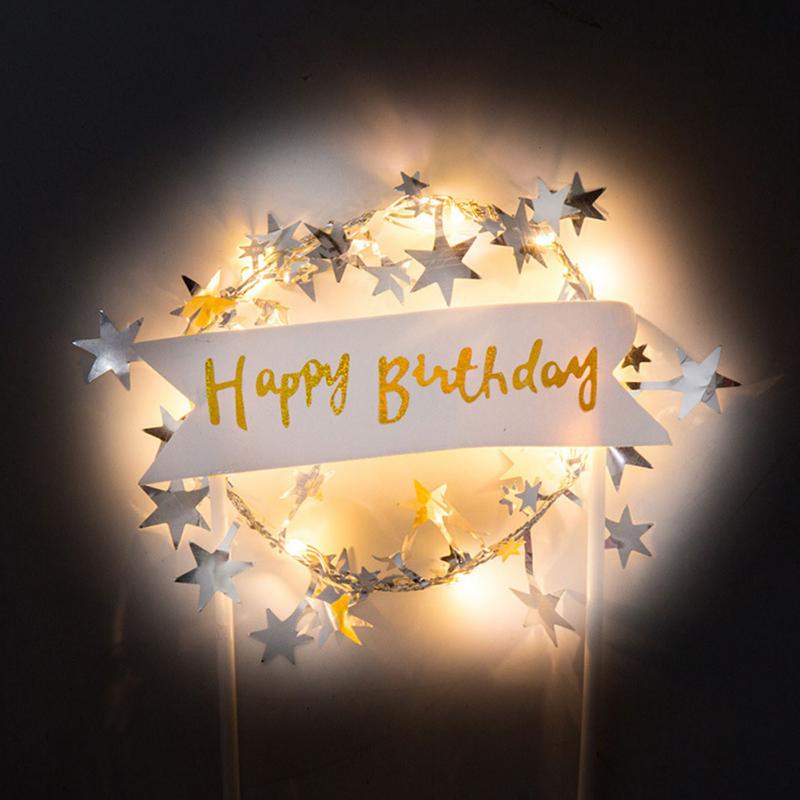 Cake Topper Happy Birthday LED Lighting Top For Kids Romantic Stars Garland Flag Wedding Decorations Baby Shower Banner Party: Silver