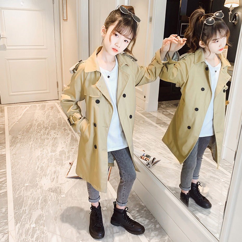 Gabardina larga para niña, chaqueta de Color sólido, abrigos de estilo informal para niño, ropa de abrigo para niño 6 8 10 12 14