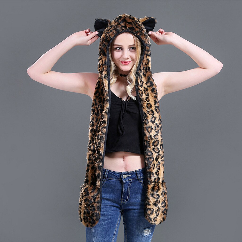 Women Faux Fur Hood Animal Hat Ear Flaps Hand Pockets Set Animal Hood Hat Wolf Plush Warm Animal Cap with Scarf Gloves