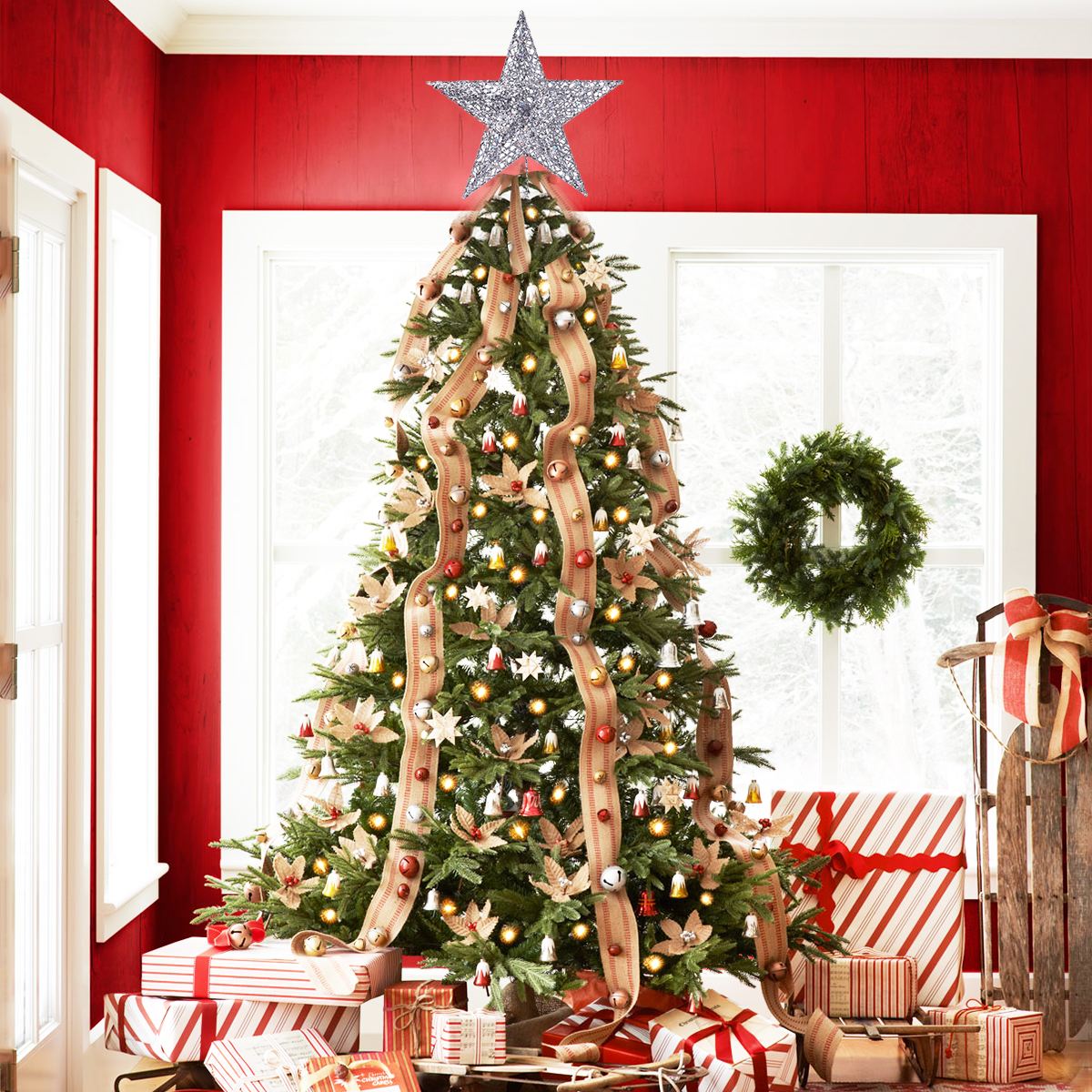 Nicexmas 20cm sølv stjerne træ topper skinnende stjerne juletræ topper juletræ dekoration 5 punkt stjerne træ top dekoration  a50