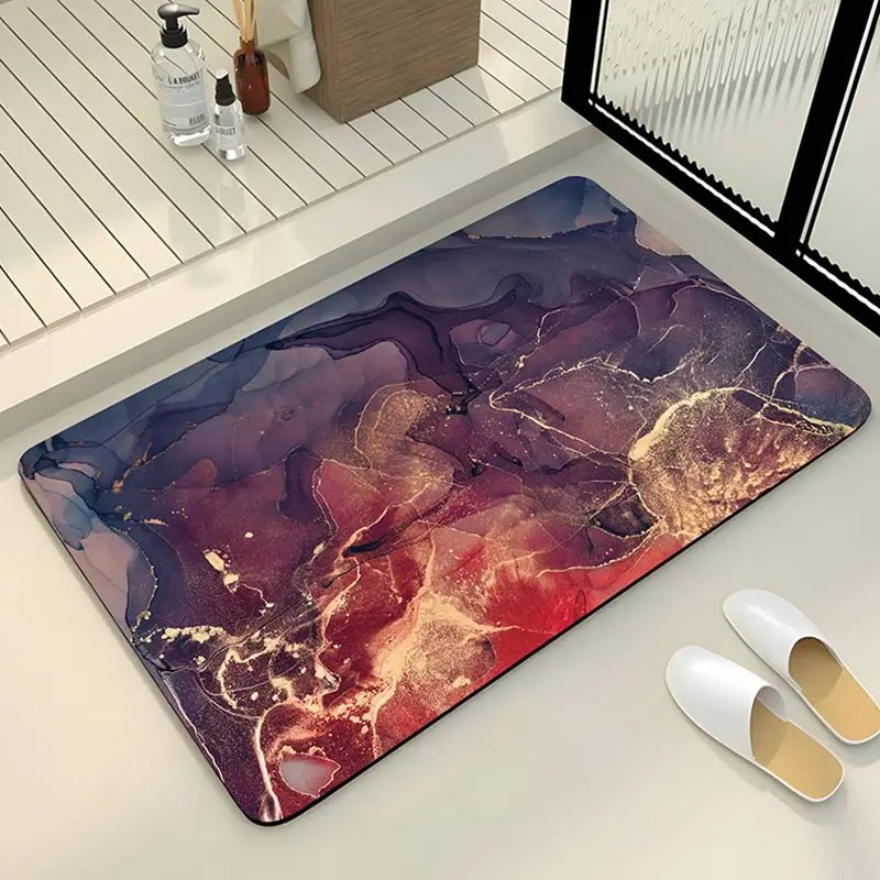 Alfombra de baño con textura de mármol, alfombra de baño antideslizante de lujo para ducha, alfombrillas para pies súper absorbentes, felpudo de baño para el hogar de secado rápido: Morado / 400 mm x 600 mm