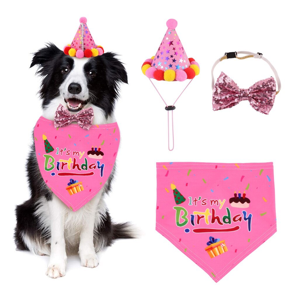 3 stk hund katt kjæledyr bursdag dekorasjonssett hund bursdag bandana skjerf bursdagsfest lue halsbånd morsom søt jul: Rosa