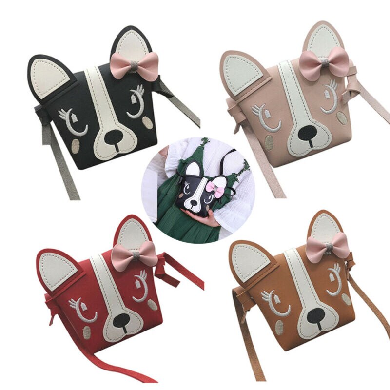 Mini sac à bandoulière en cuir PU, sacoche chien mignon avec nœud papillon pour enfants filles, décontracté