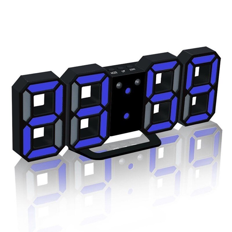 Horloge numérique moderne 3D mur LED, 24 ou 12 heures, alarme bureau heures, pour la maison, le salon ou le bureau, veilleuse: Black-Blue