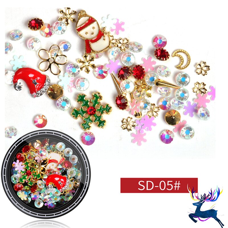 Boxed Sneeuw Kerst Nail Decoraties Manicure 3D Kerstboom Kerstman Rendieren Krans Lint Nail Art Decals Gereedschap Vlokken