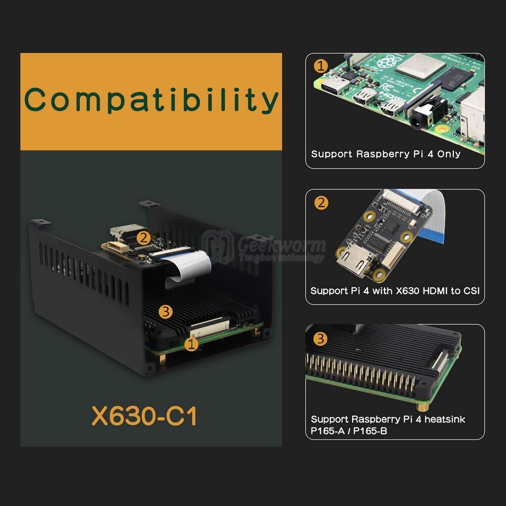 Geekworm Raspberry Pi 4 Case for X630 Hdmi to CSI Module &amp; Pi 4 8GB/4GB/2GB, X630-C1 Metal Case+Cooling Fan+Aluminum Heatsink