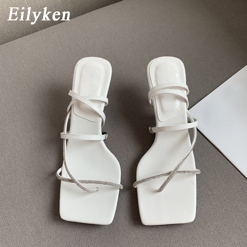 Eilyken Summer Clip Toe Buckle Strap Women Sandals 2022 Crystal Diamond Narrow Band Thin Medium Heels Flip Flops Shoes: White / 39