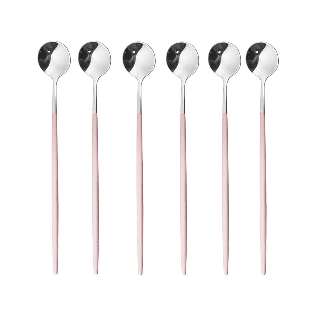 6Pcs Rainbow Long Hangdle Spoon For Polished Stirring Drink Dessert Ice Cream Spoon Cutlery Flatware Steainless Steel Tableware: Pink Silver