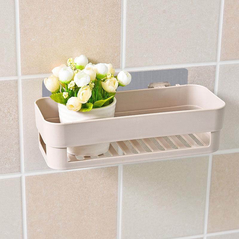 Bathroom Shower Shelf Rectangular Basket Plastic Suction Cup Storage Rack Shampoo Holder Household Kitchen Organizer Punch Free: Khaki