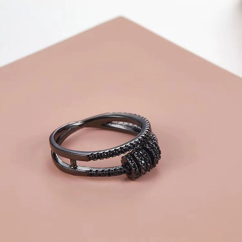 SLJELY Real 925 Sterling Silver Black Rose Gold Colors Double Circles Ring with Sliding Ring Zirconia Women Fine Jewelry: 6 / Black