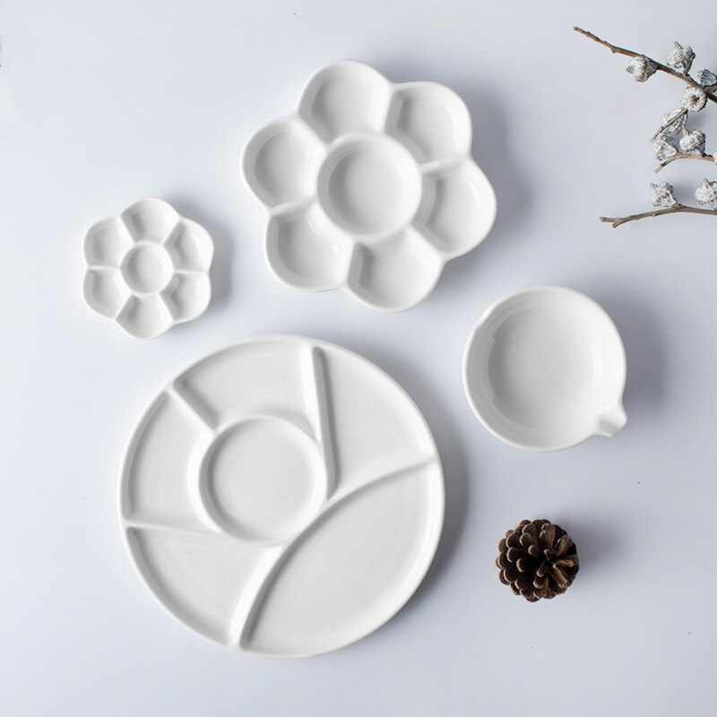 2 Piece Simple Ceramic Multi-grid Palette Watercolor Painting White Porcelain Color Palette Art Supplies