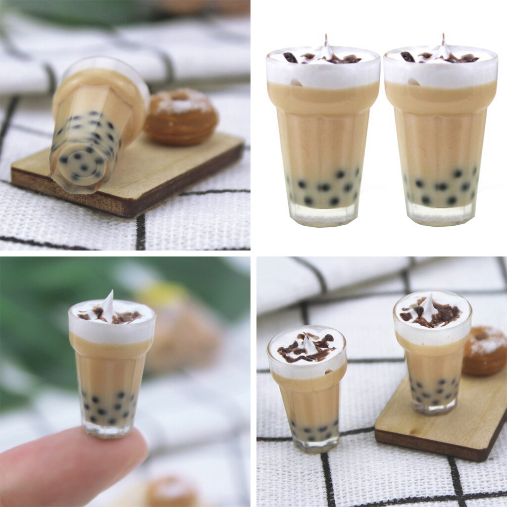 2 Pcs 1:12 Dollhouse Miniatuur Milkshake Parel Melk Thee Accessoires Model Speelgoed