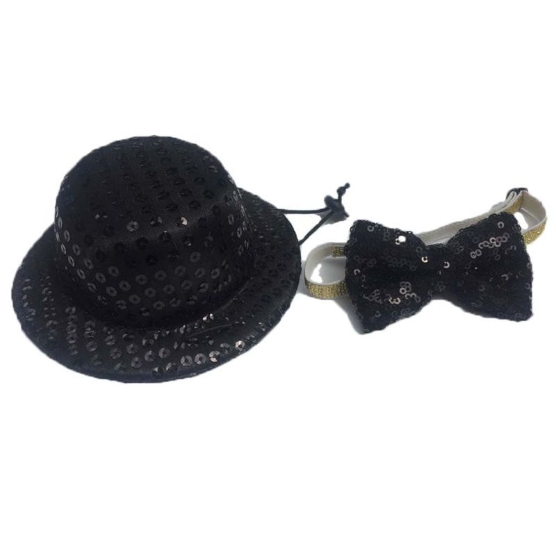 Kleine Hond Zwarte Lovertjes Cilinder Top Hat Met Vlinderdas Set Kostuum Huisdier Feestelijke Reizen Beauty Decor Kraag Accessoires Voor kleine