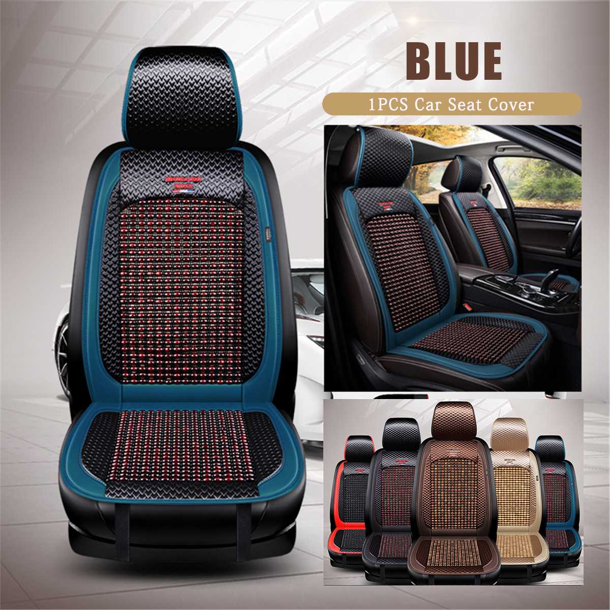 Universal Summer Cooling Auto Front Seat Cushion Protector Beads Leather + Bamboo Car Seat Covers Breathable: Blue