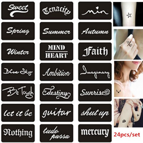 24 Stks/set Herbruikbare Henna Stencils Woorden Patroon Glitter Tattoo Sjablonen Voor Handen Arm Vinger Airbrush Stencil Pochoir Tatouage