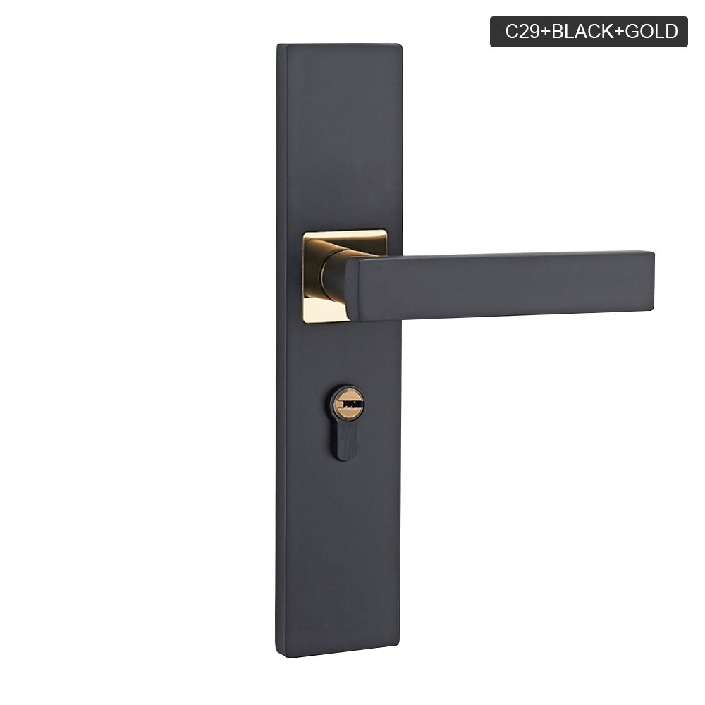 Manija de puerta negra de aleación de aluminio, pomos de puerta de casa, manijas de muebles, cerradura de cilindro, manijas de puerta de seguridad silenciosas para puertas interiores: C29 black gold