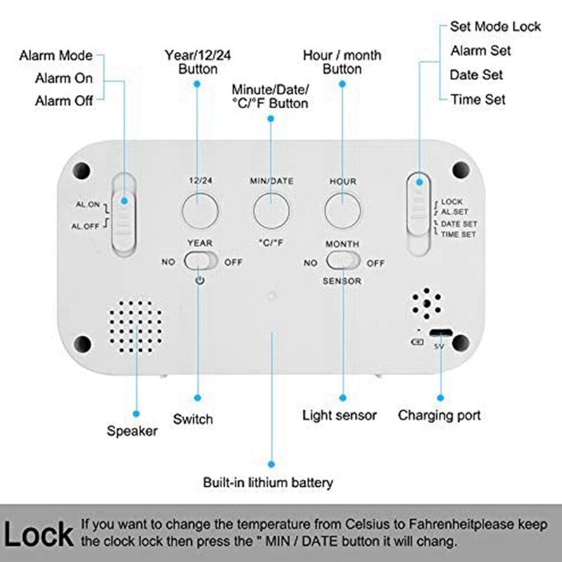 Digital Alarm Clock Rechargeable Digital Clock With Smart Light Sensor Date And Temperature Indicator